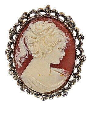 Signed Gerry's Lady Protrait Cameo Brooch Coral Color Resin Gold Tone Vintage
